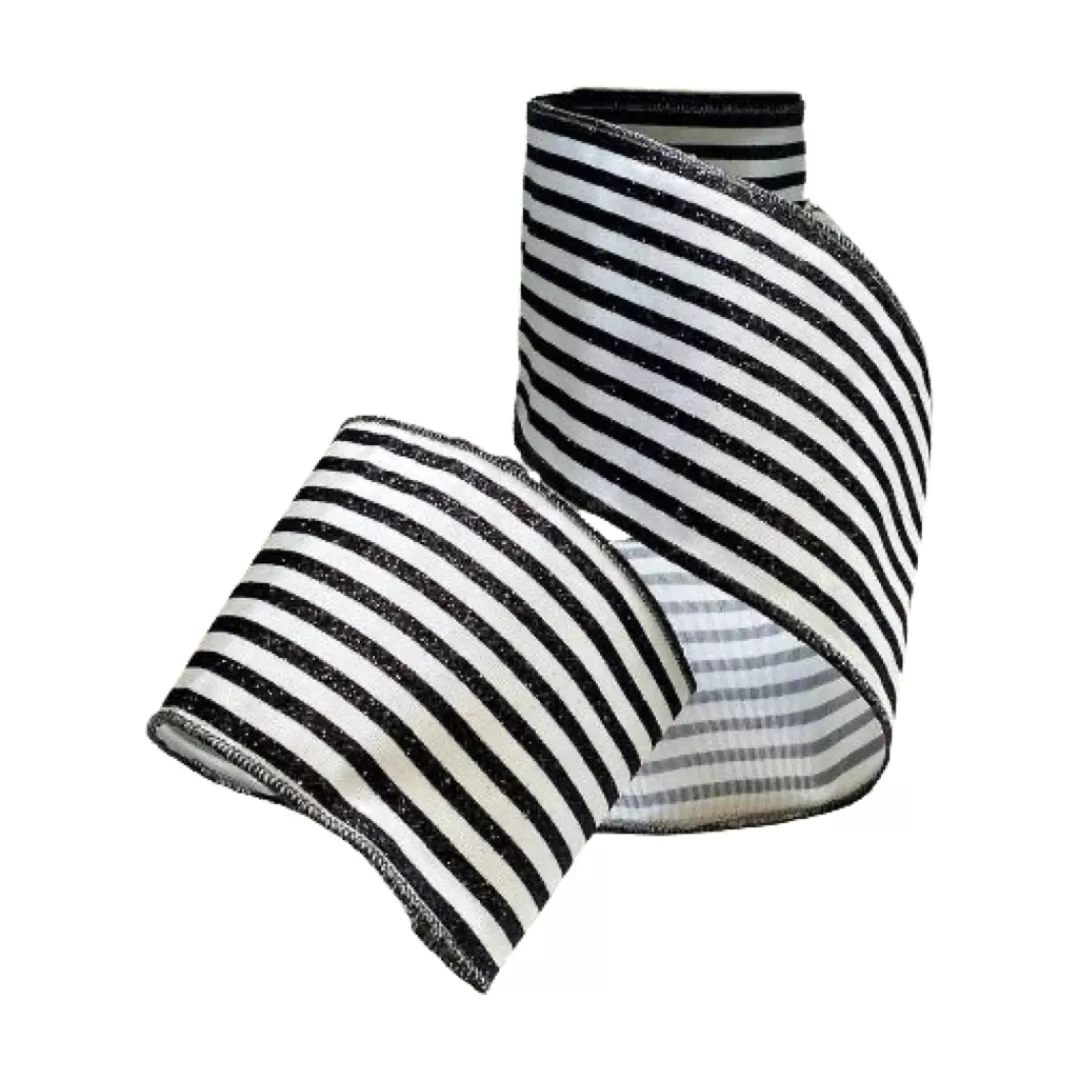 D. Stevens Halloween Ribbon-Black & White Stripe Glitter Grosgrain Ribbon, 4" X 10Yd