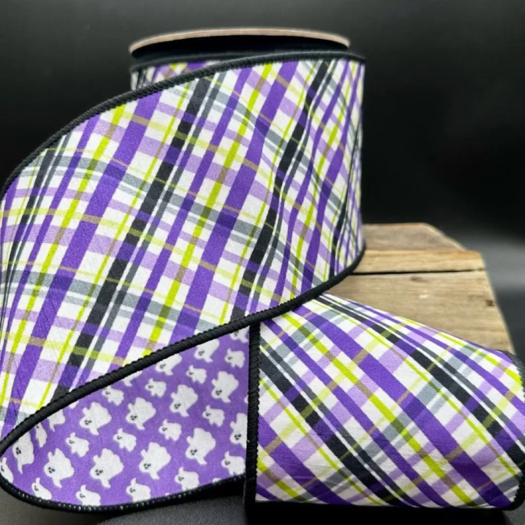 D. Stevens Halloween Ribbon-Halloween Purple Plaid With Ghost Ribbon, 4" X 10Yd