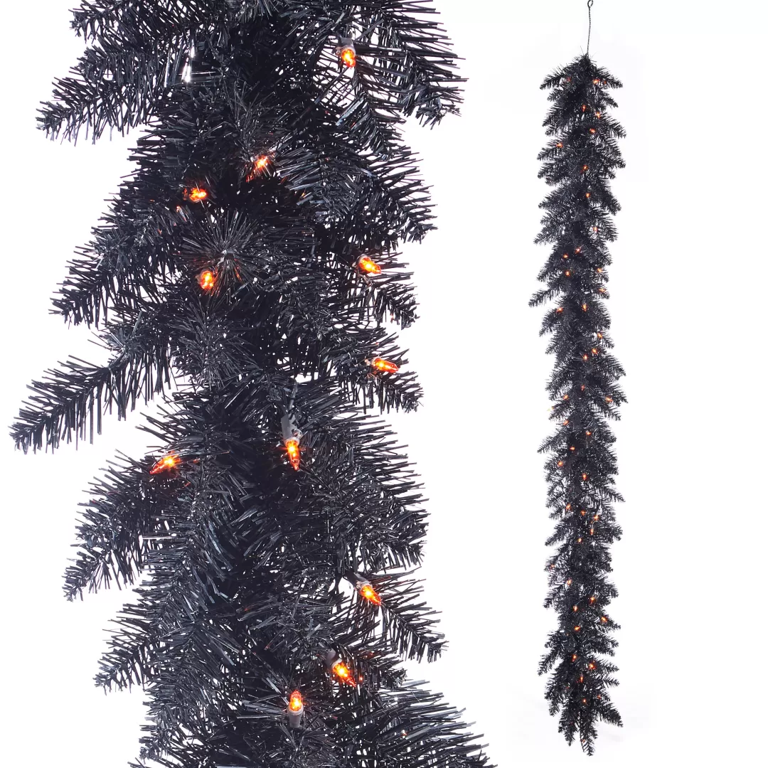 RAZ Halloween Table Top Decor-Pre-Lit Black Tinsel Garland, 6'